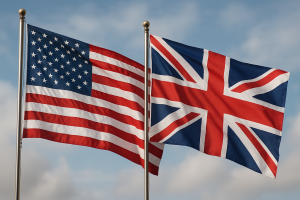 Vlající vlajky USA a Anglie – symbol rozdílů mezi americkou a britskou angličtinou.