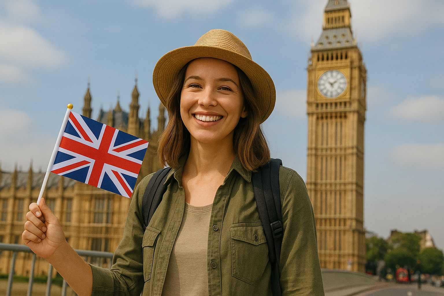 Mladá dívka stojí před Big Benem v Londýně a drží anglickou vlajku, symbolizující cestování a učení angličtiny v reálném prostředí.