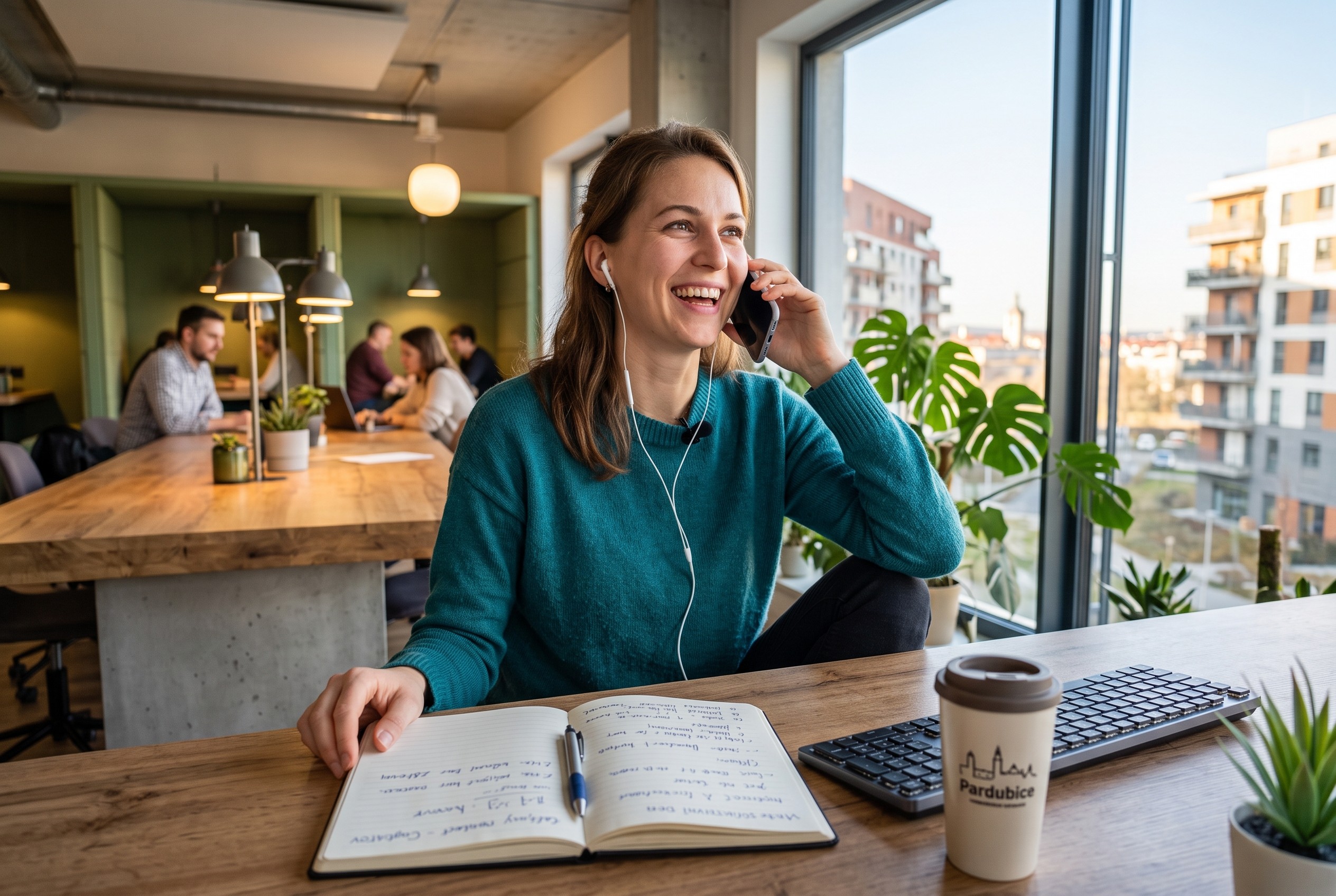 Žena se usmívá a mluví do telefonu při lekci angličtiny z domova v září.