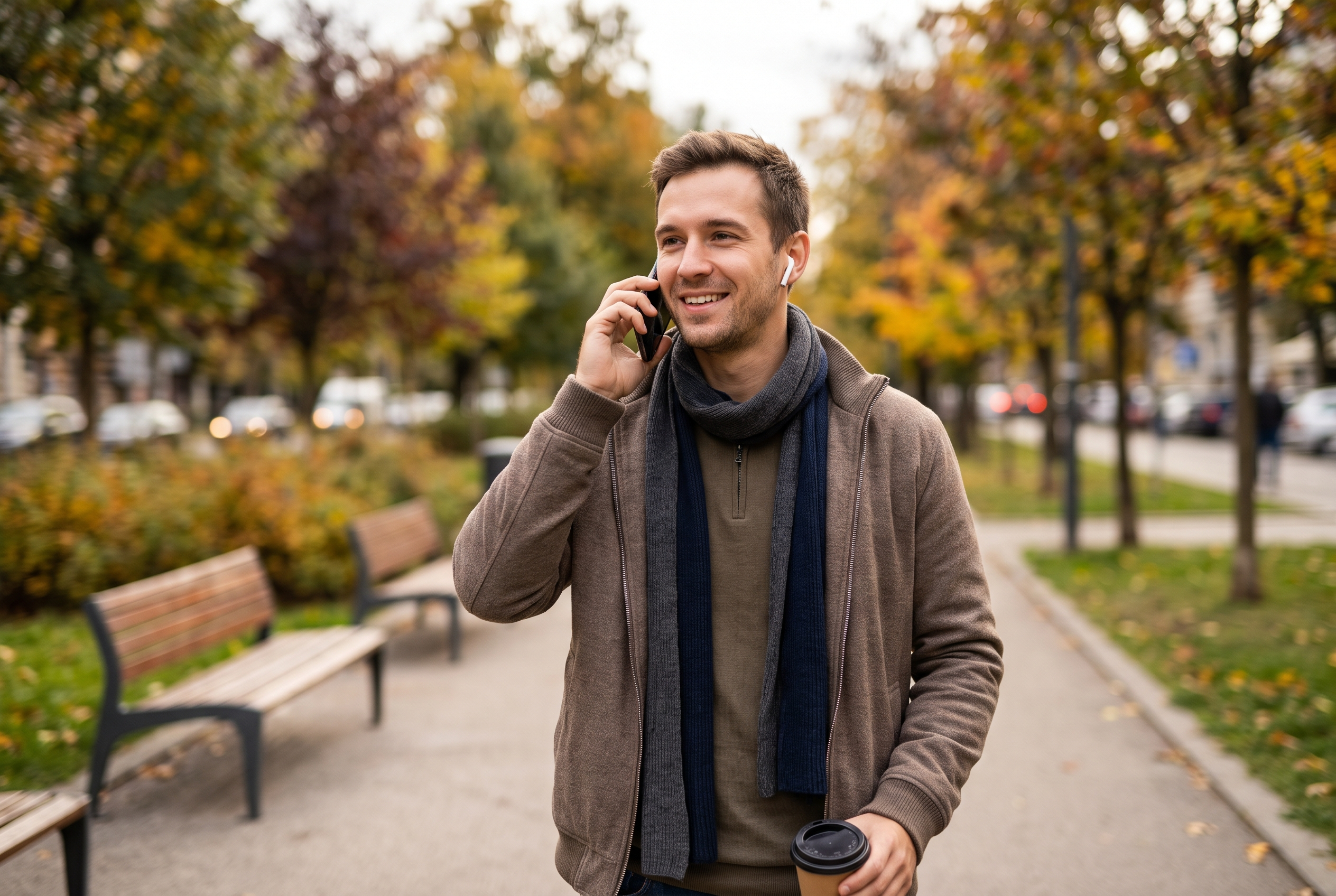 Mladý muž při lekci angličtiny po telefonu během procházky v podzimním parku.