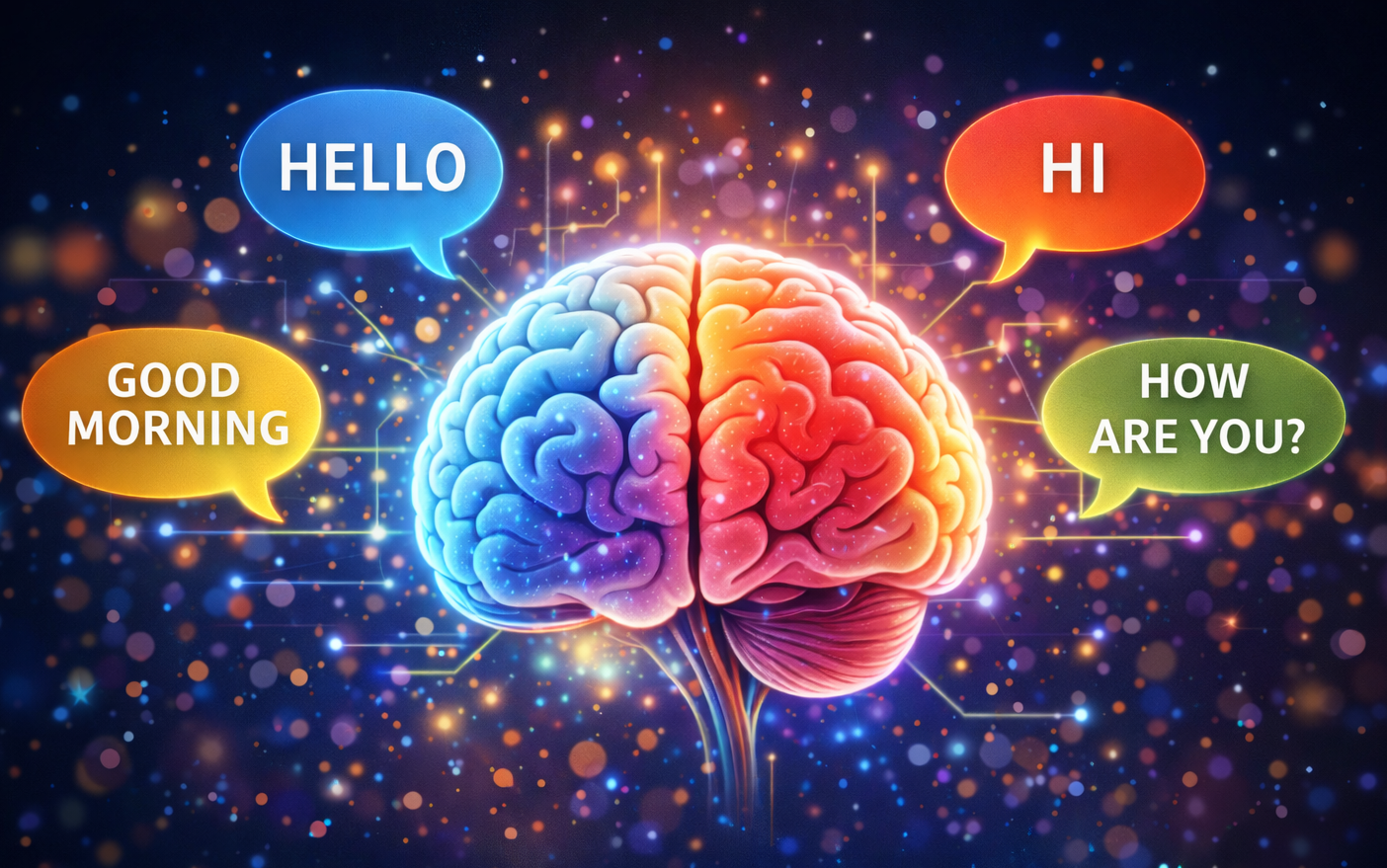 Symbolický mozek se světélkujícími bublinami s anglickými slovíčky (Hello, Hi, Good morning, How are you?) ilustrující učení angličtiny a stimulaci mozku.