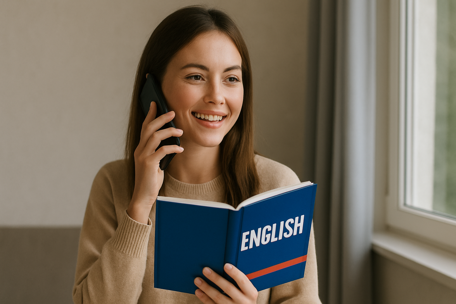 Mladá dívka telefonuje a drží učebnici angličtiny – symbol moderní výuky angličtiny po telefonu a efektivního studia odkudkoliv.