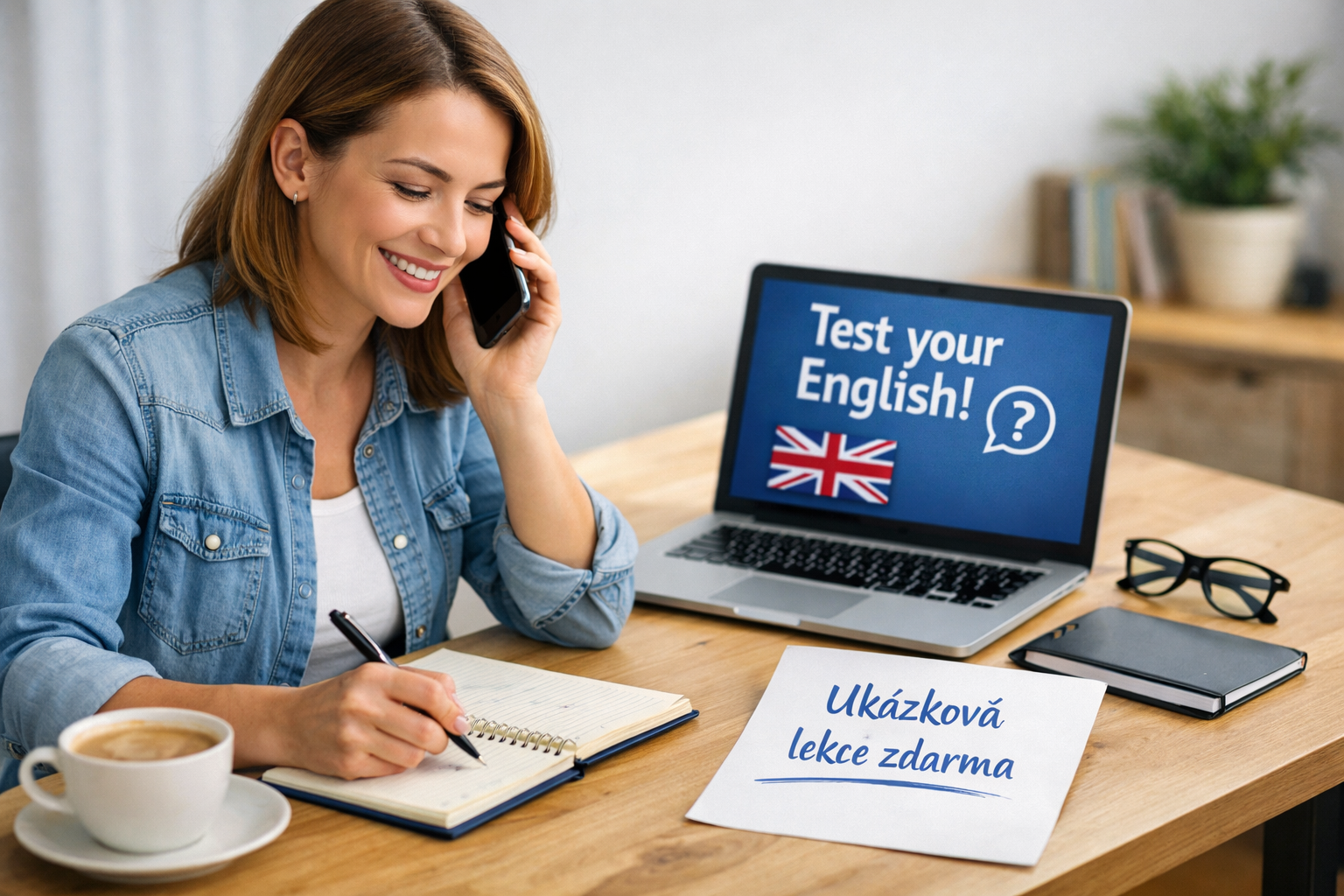 Žena sedí u stolu s telefonem a poznámkami, učí se angličtinu po telefonu – pohodlná a efektivní metoda výuky kdekoliv a kdykoliv.
